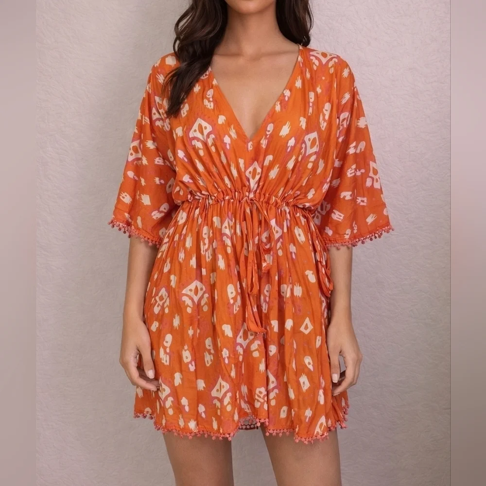 Mud PIE Orange Geometric Tie Waist Swim Cover-up Festival Blouse